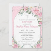 Roze Witte Bloemen Zilveren Boog Doopsel Kaart (Voorkant)