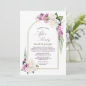 Roze witte bloemenboog bruiloft na feest kaart (Staand voorkant)