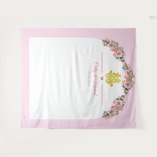 Roze witte bloemenboog Chinese bruiloft achtergron Wandkleed (Voorkant (horizontaal))