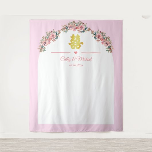 Roze witte bloemenboog Chinese bruiloft achtergron Wandkleed (Voorkant)