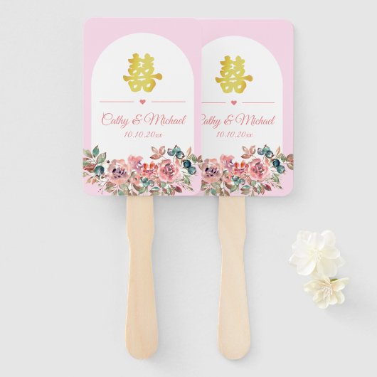 roze witte bloemenboog chinese bruiloft handwaaier (Voorkant en achterkant)