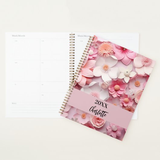 Roze witte bloemenpatroon naam script 2025 planner (Display)