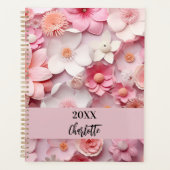 Roze witte bloemenpatroon naam script 2025 planner (Voorkant)