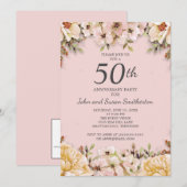 Roze Witte Bloemige 50ste Huwelijksjubileum Feest Kaart (Voorkant / Achterkant)