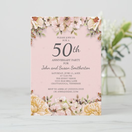 Roze Witte Bloemige 50ste Huwelijksverjaardag Fees Kaart (Staand voorkant)