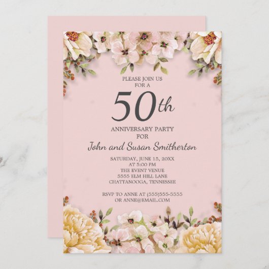 Roze Witte Bloemige 50ste Huwelijksverjaardag Fees Kaart (Voorkant / Achterkant)