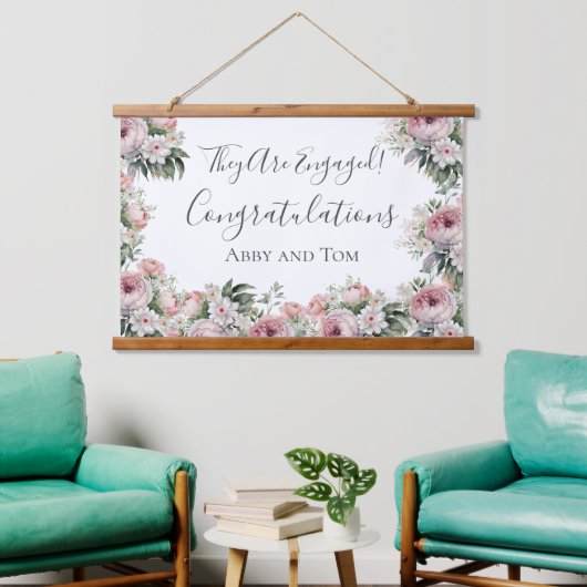 Roze Witte Bloemige Elegante Verlovingsbanner Hangend Wandkleed (Woonkamer)