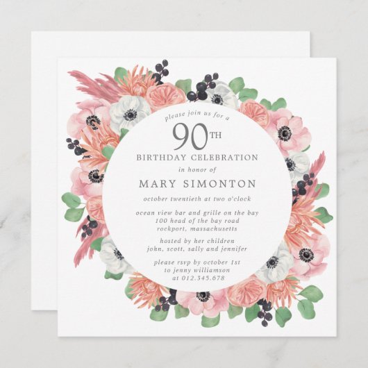Roze witte bloemige Eucalyptus 90ste verjaardagsfe Kaart (Voorkant / Achterkant)