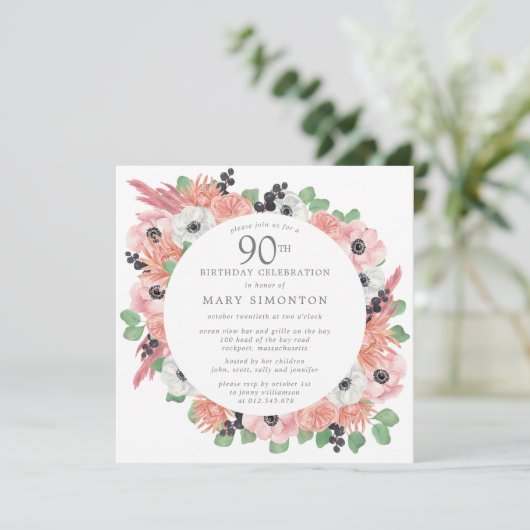 Roze witte bloemige Eucalyptus 90ste verjaardagsfe Kaart (Staand voorkant)