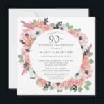 Roze witte bloemige Eucalyptus 90ste verjaardagsfe Kaart<br><div class="desc">Eer een speciale vrouw met deze elegante uitnodiging voor haar 90ste verjaardag. Roze en witte bloemen tussen zachte saliegroene eucalyptusbladeren vormen een modern botanisch kader. Donkere bessen voegen een kleuraccent toe. Alle tekst kan worden aangepast,  zodat u uw speciale viering perfect kunt beschrijven</div>