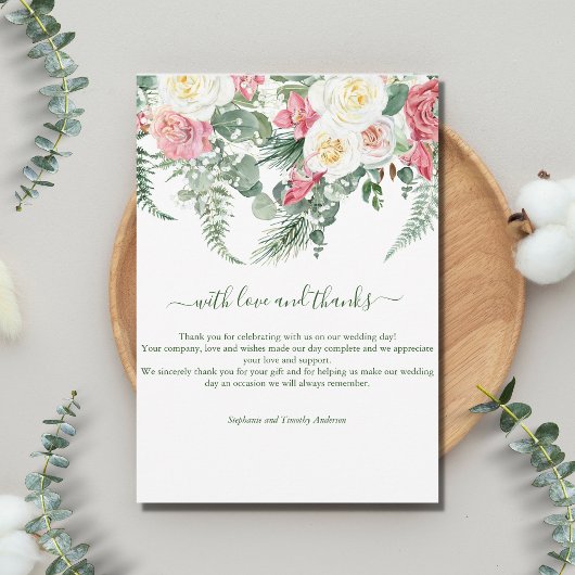 Roze Witte Bloemige Groene Eucalyptus Bruiloft Bedankkaart
