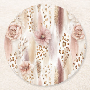 Roze Witte Bloemige Luipaard Abstract Bruidsdouche Ronde Kartonnen Onderzetter