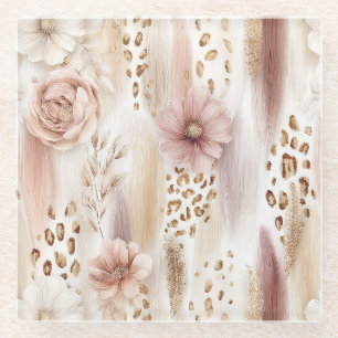 Roze Witte Bloemige Luipaard Abstract Glazen Onderzetter