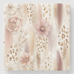 Roze Witte Bloemige Luipaard Abstract Stenen Onderzetter