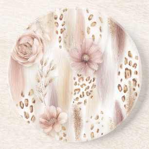 Roze Witte Bloemige Luipaard Abstract Zandsteen Onderzetter