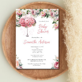 Roze Witte Bloemige Paraplu Meisje Baby Shower Kaart