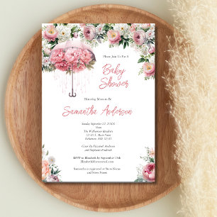 Roze Witte Bloemige Paraplu Meisje Baby Shower Kaart