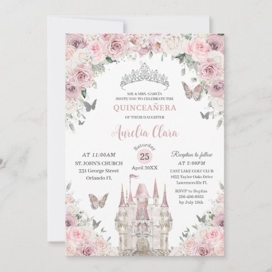 Roze Witte Bloemige Prinsessenkasteel Quinceañera  Kaart (Voorkant)