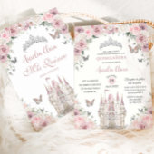 Roze Witte Bloemige Prinsessenkasteel Quinceañera Kaart