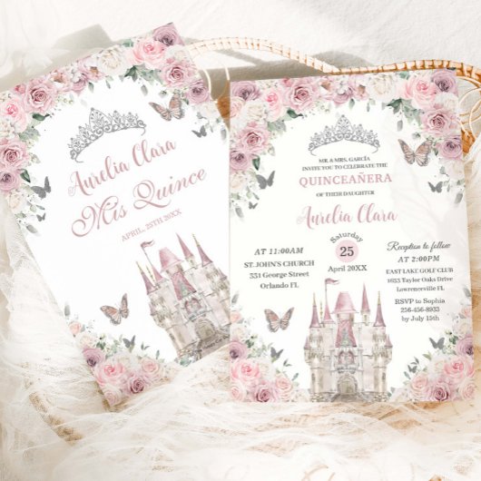 Roze Witte Bloemige Prinsessenkasteel Quinceañera  Kaart