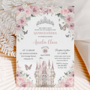Roze Witte Bloemige Prinsessenkasteel Quinceañera  Kaart