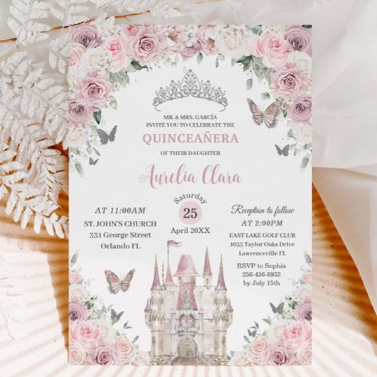 Roze Witte Bloemige Prinsessenkasteel Quinceañera Kaart