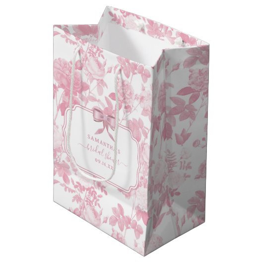Roze Witte Bloemige Rozen Chinoiserie Bruidsdouche Medium Cadeauzakje (Voorkant Gekanteld)