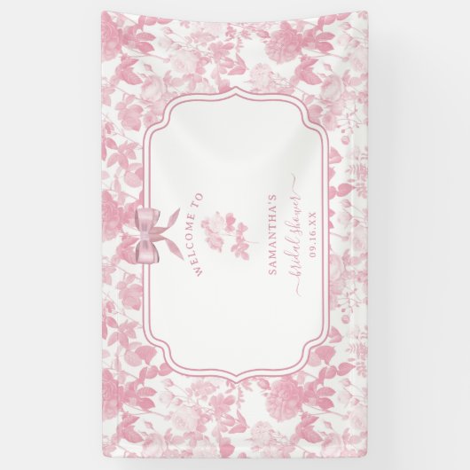 Roze Witte Bloemige Rozen Chinoiserie Bruiloft  Spandoek (Verticaal)