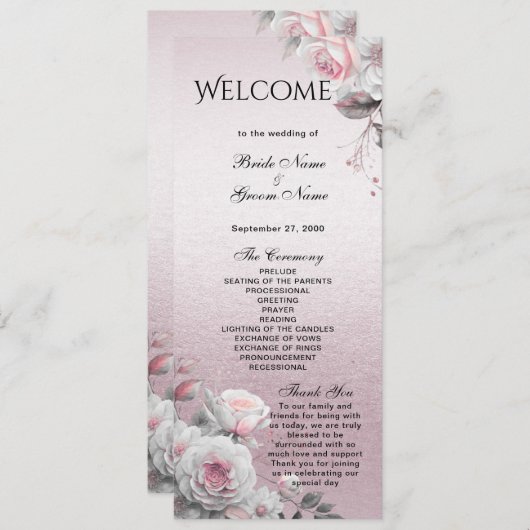 Roze Witte Bloemige Trouwprogramma Programmakaart (Voorkant / Achterkant)