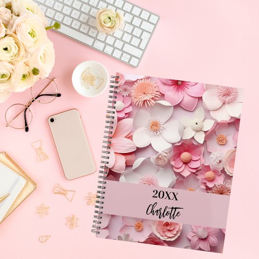 Roze witte bloemmotief naam script 2027 planner