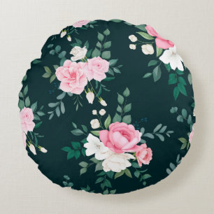 roze, witte bloemmotief zwarte achtergrond rond kussen