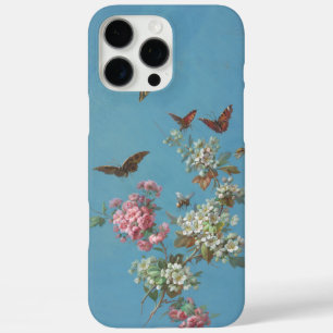 roze witte bloesem vlinderbij op blauw iPhone 16 pro max hoesje