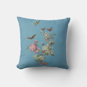  roze witte bloesem vlinderbij op blauw kussen