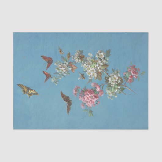 roze witte bloesem vlinderbij op blauw tissuepapier (Voorkant)