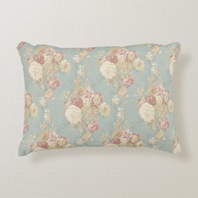 Roze witte blozende rozen op blauwe achtergrond   accent kussen (Voorkant)