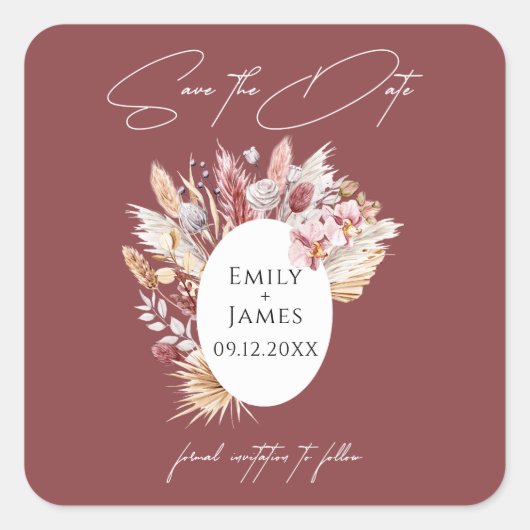 Roze witte Boho Pampas Floral Lijst Weddenschap Vierkante Sticker (Voorkant)