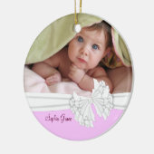 Roze & Witte Bow Baby Meisje Foto Ornament (Links)