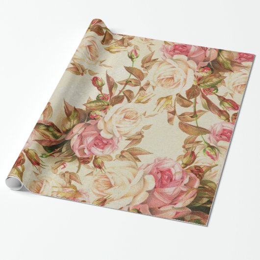 roze witte bruine rozen bloempatroon cadeaupapier (Uitgerold)