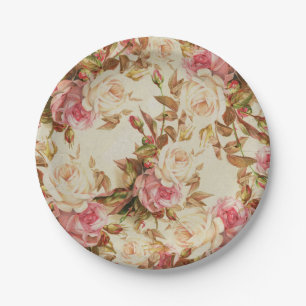 roze witte bruine rozen bloempatroon papieren bordje