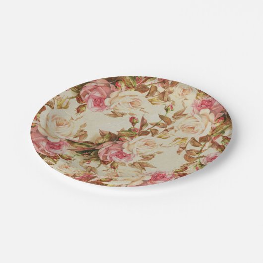  roze witte bruine rozen bloempatroon papieren bordje (Gekanteld)