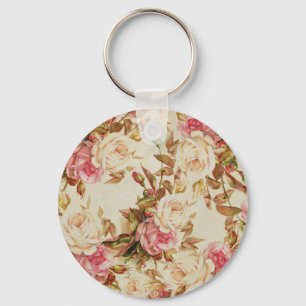roze witte bruine rozen bloempatroon sleutelhanger