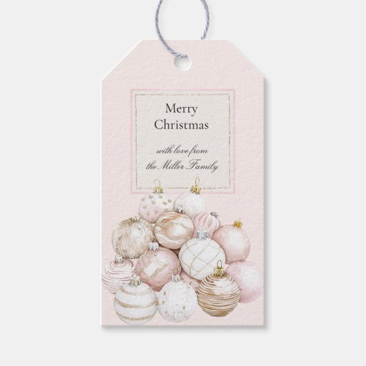Roze Witte Champagne Kerstballen Cadeaulabel (Voorkant)