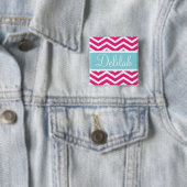 Roze witte Chevron Blue Aangepaste naam Vierkante Button 5,1 Cm (In situ)