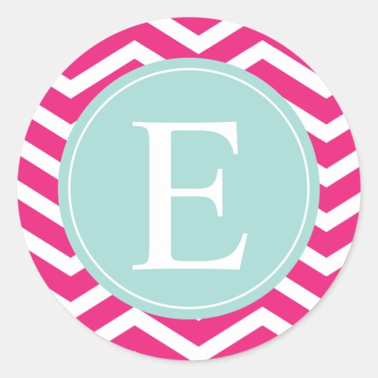 Roze witte Chevron Mint Blauwgroen Monogram Ronde Sticker (Voorkant)