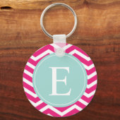 Roze witte Chevron Mint Blauwgroen Monogram Sleutelhanger (Voorkant)