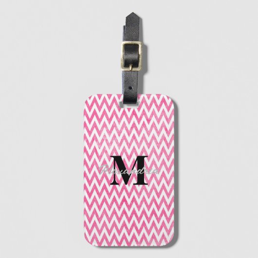 Roze witte Chevron-monogram Bagagelabel (Voorkant (verticaal))