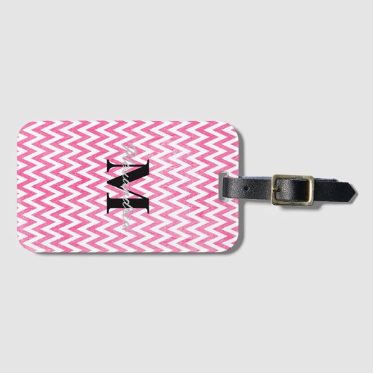 Roze witte Chevron-monogram Bagagelabel (Voorkant (horizontaal))