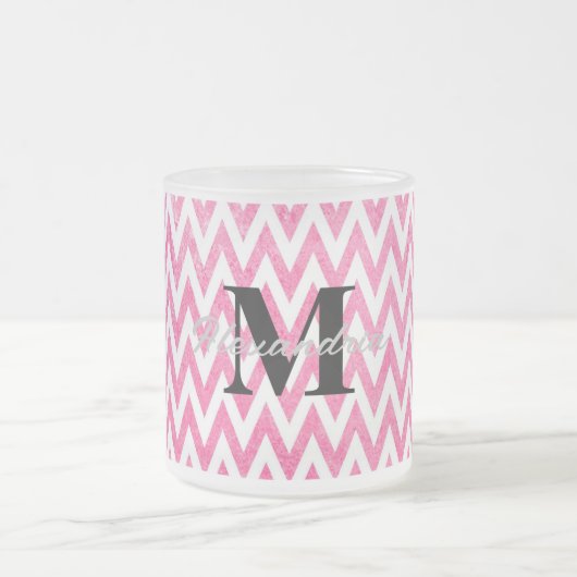 Roze witte Chevron-monogram Matglas Koffiemok (Center)