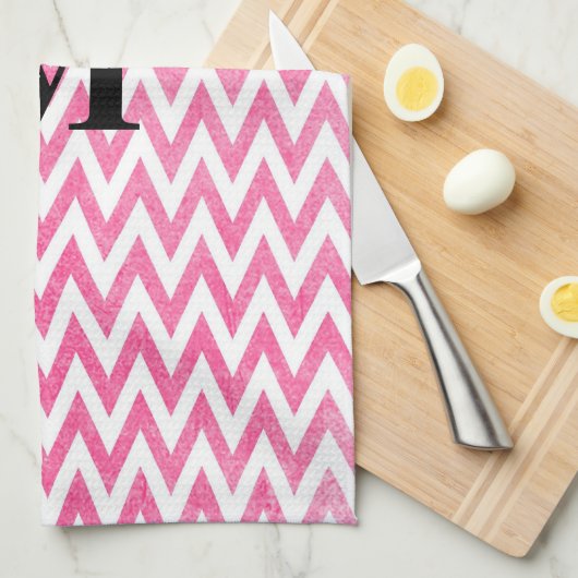 Roze witte Chevron-monogram Theedoek (Quarter Fold)