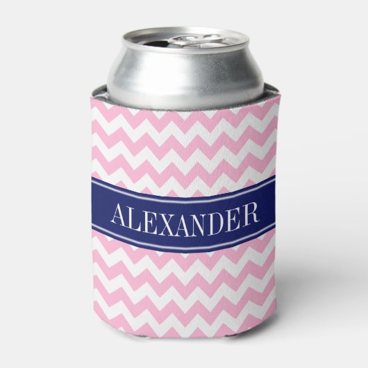 Roze Witte Chevron Navy Naam Monogram Blikjeskoeler (Blikje Voorkant)